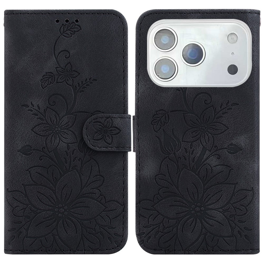 For iPhone 17 Pro Max Stand Case Lily Flower Imprint Leather Phone Cover with Wrist Strap - Black