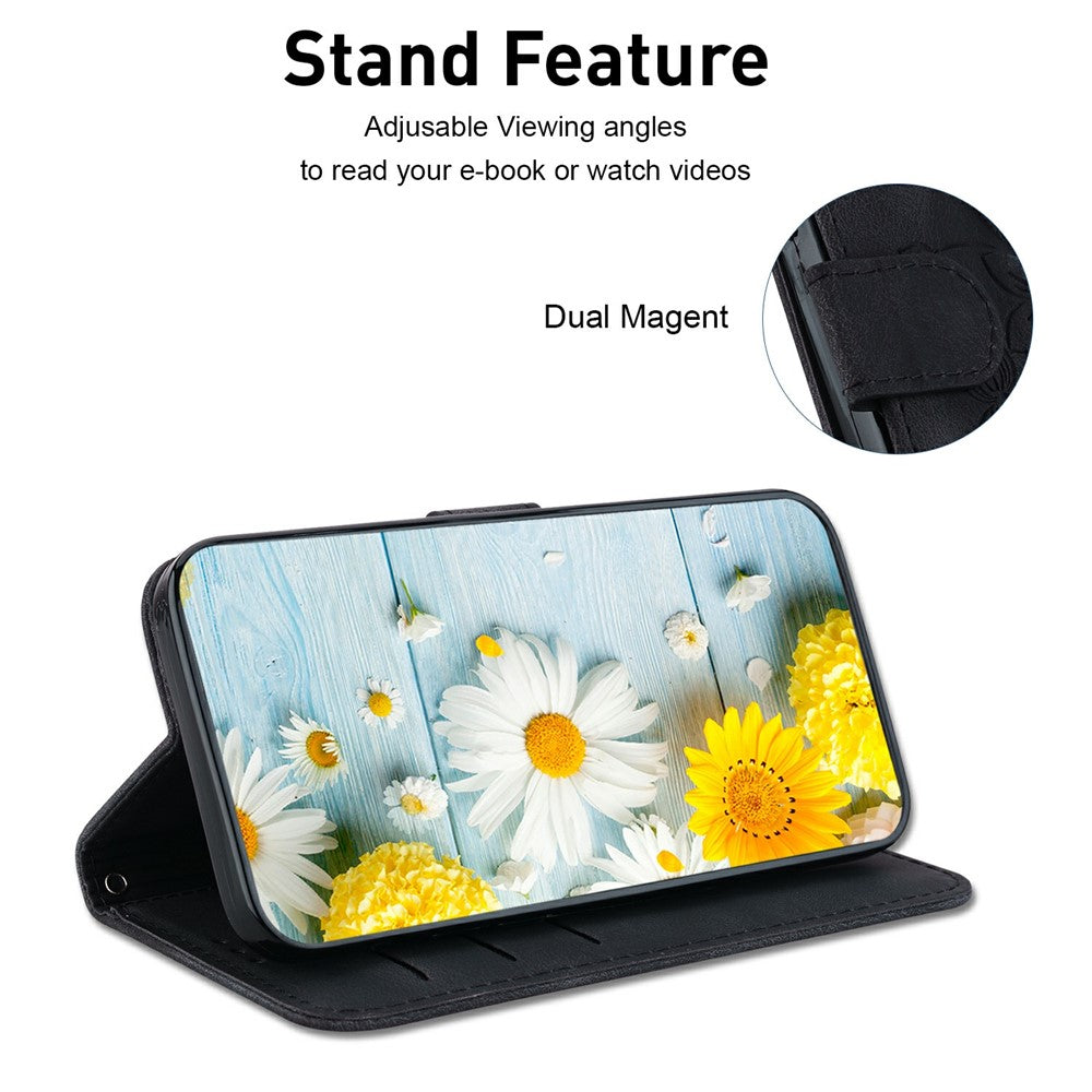 For iPhone 17 Pro Max Stand Case Lily Flower Imprint Leather Phone Cover with Wrist Strap - Black