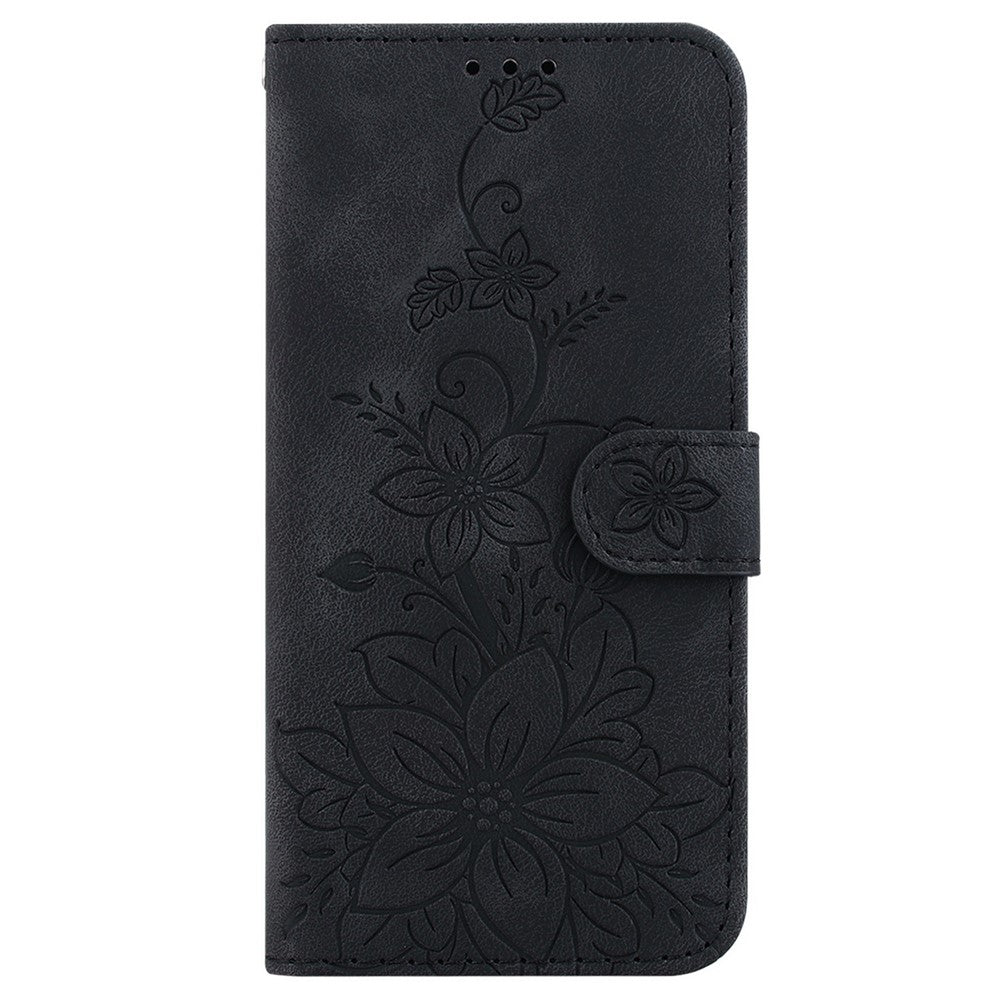 For iPhone 17 Pro Max Stand Case Lily Flower Imprint Leather Phone Cover with Wrist Strap - Black