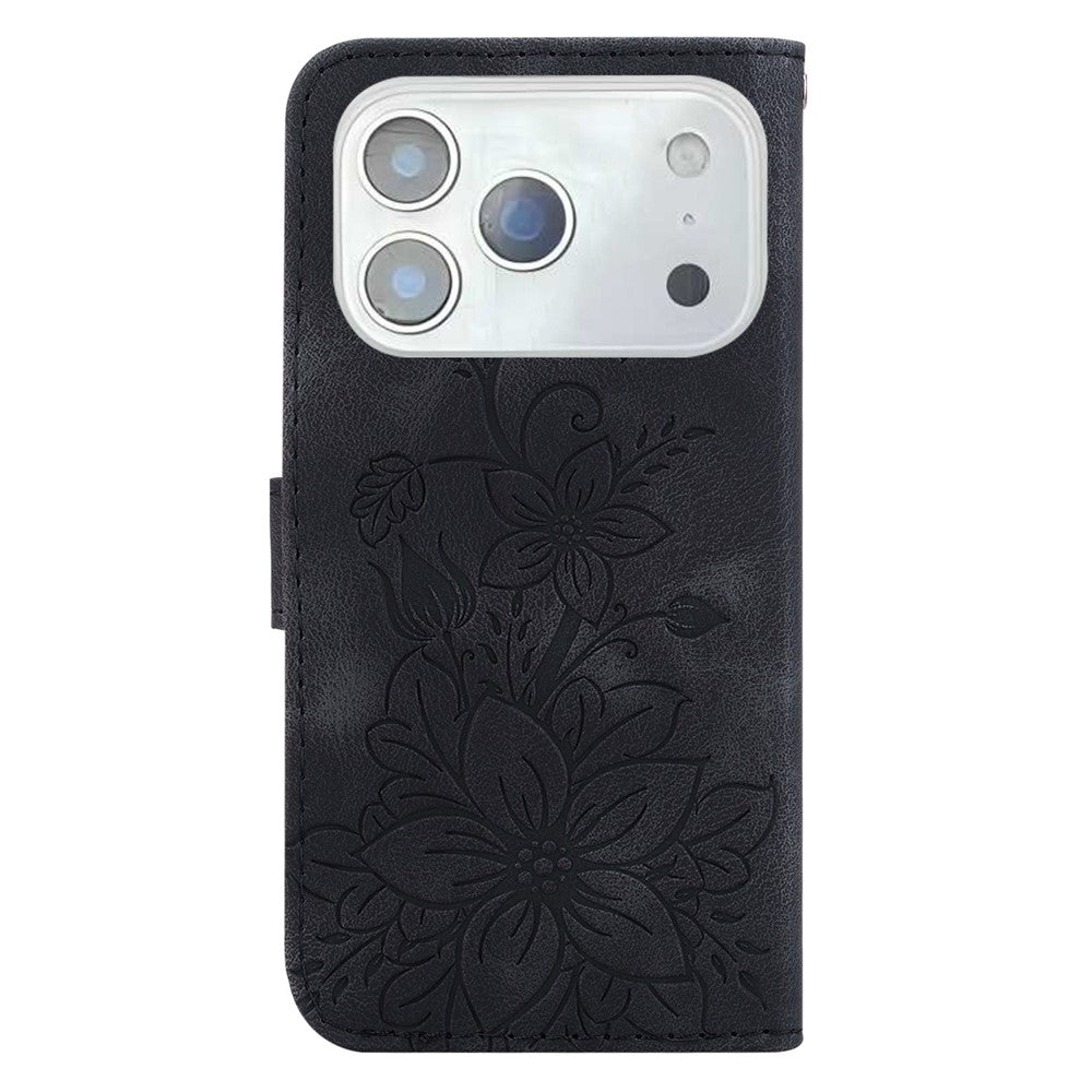 For iPhone 17 Pro Max Stand Case Lily Flower Imprint Leather Phone Cover with Wrist Strap - Black