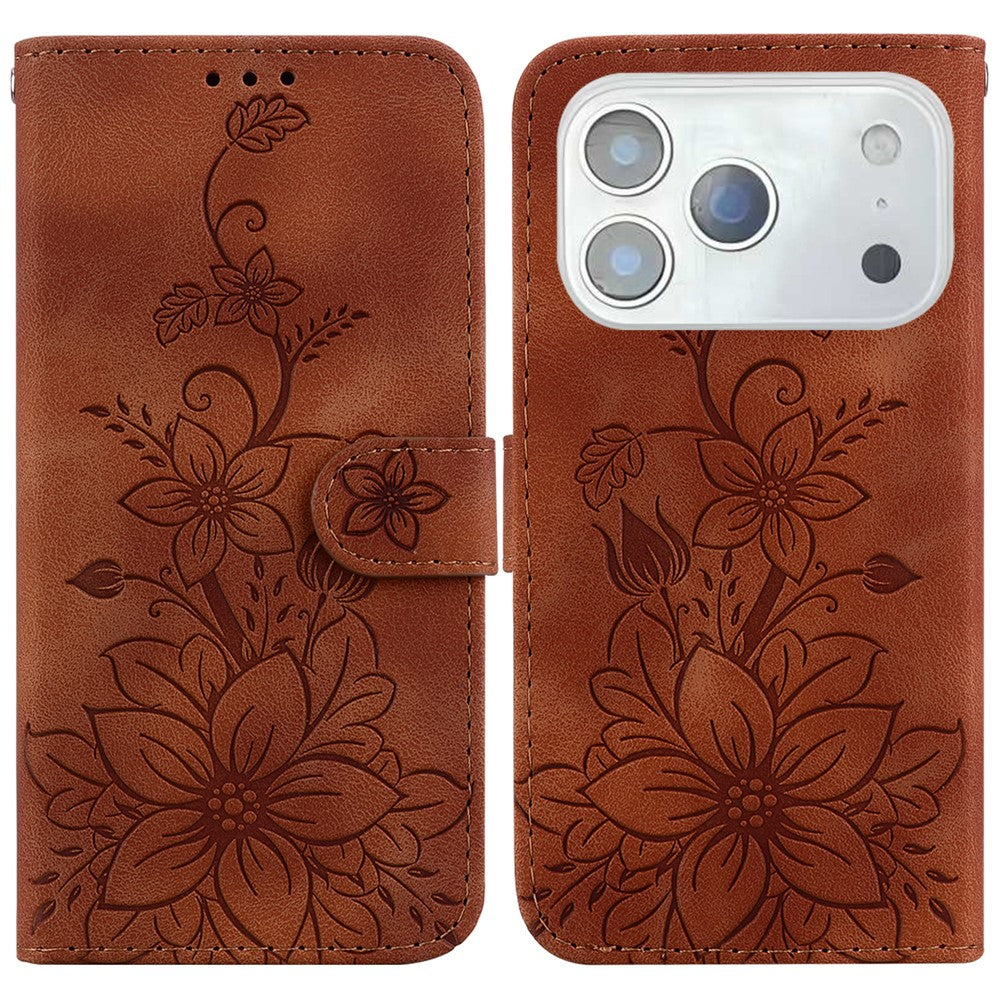 For iPhone 17 Pro Max Stand Case Lily Flower Imprint Leather Phone Cover with Wrist Strap - Brown