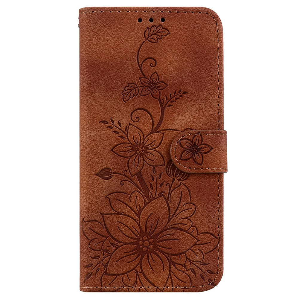 For iPhone 17 Pro Max Stand Case Lily Flower Imprint Leather Phone Cover with Wrist Strap - Brown