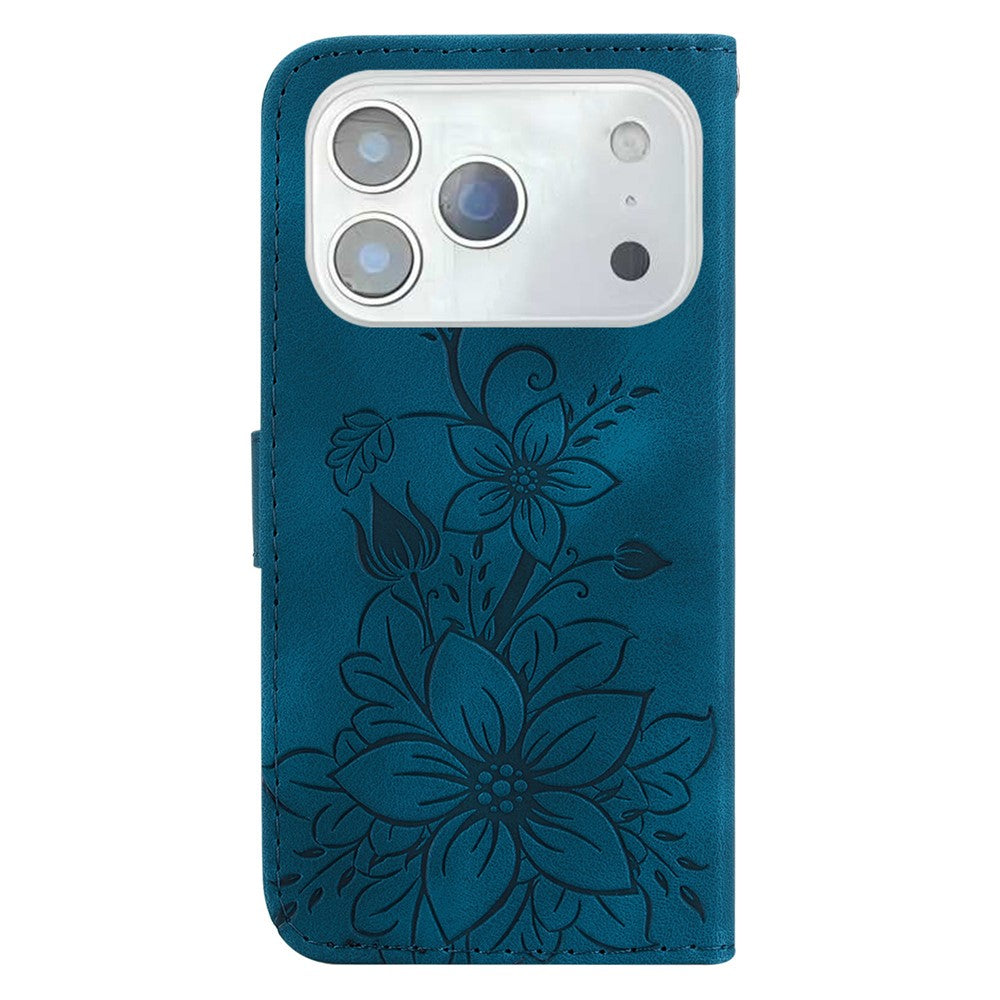 For iPhone 17 Pro Max Stand Case Lily Flower Imprint Leather Phone Cover with Wrist Strap - Dark Blue
