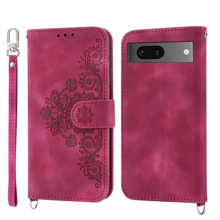 For Google Pixel 7 5G Imprinted Flowers Phone Case Skin-Touch PU Leather Stand Multiple Card Slots Wallet Cover with Wrist Strap and Shoulder Strap - Wine Red
