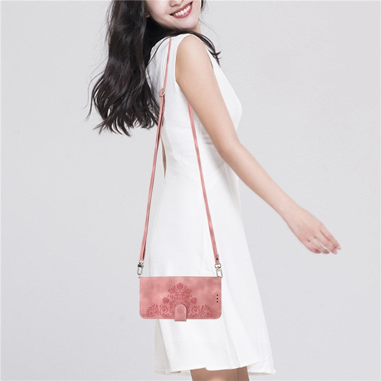 For Google Pixel 7 5G Imprinted Flowers Phone Case Skin-Touch PU Leather Stand Multiple Card Slots Wallet Cover with Wrist Strap and Shoulder Strap - Pink