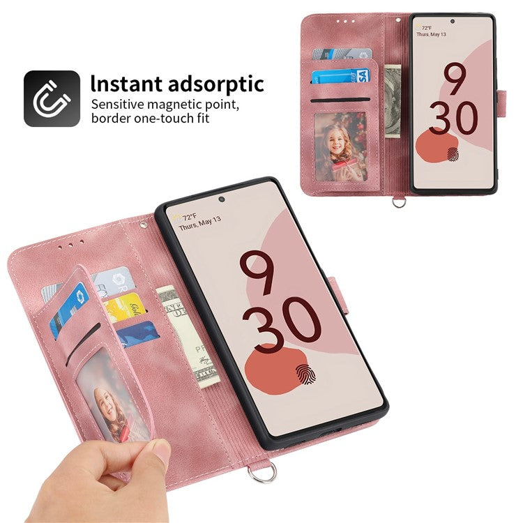 For Google Pixel 7 5G Imprinted Flowers Phone Case Skin-Touch PU Leather Stand Multiple Card Slots Wallet Cover with Wrist Strap and Shoulder Strap - Pink