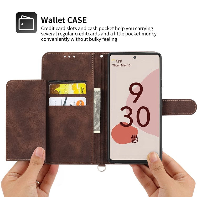 For Google Pixel 7 5G Imprinted Flowers Phone Case Skin-Touch PU Leather Stand Multiple Card Slots Wallet Cover with Wrist Strap and Shoulder Strap - Brown