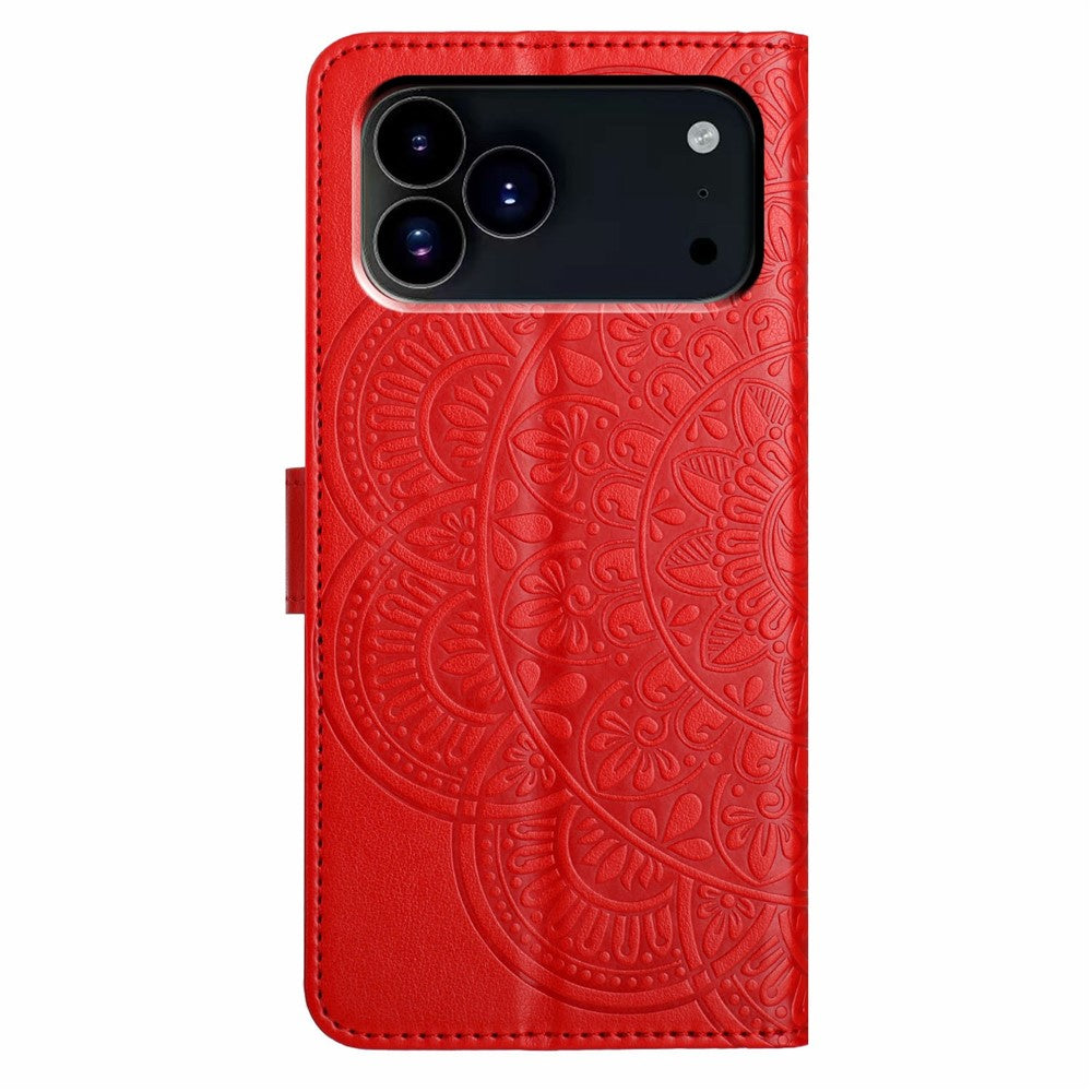 For iPhone 17 Pro Max Leather Case with Card Slots Mandala Pattern Phone Cover Stand - Red