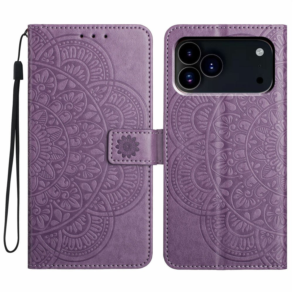 For iPhone 17 Pro Max Leather Case with Card Slots Mandala Pattern Phone Cover Stand - Purple