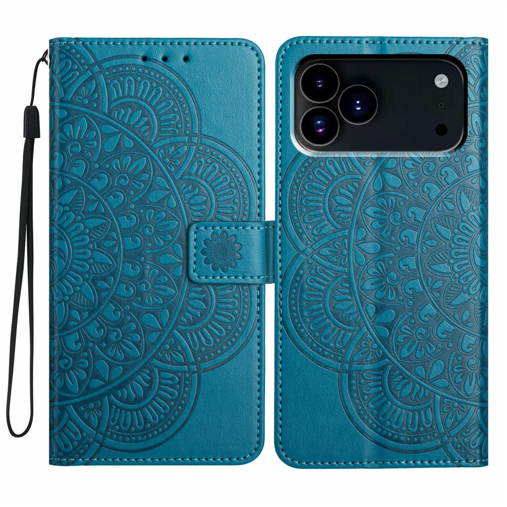 For iPhone 17 Pro Max Leather Case with Card Slots Mandala Pattern Phone Cover Stand - Blue