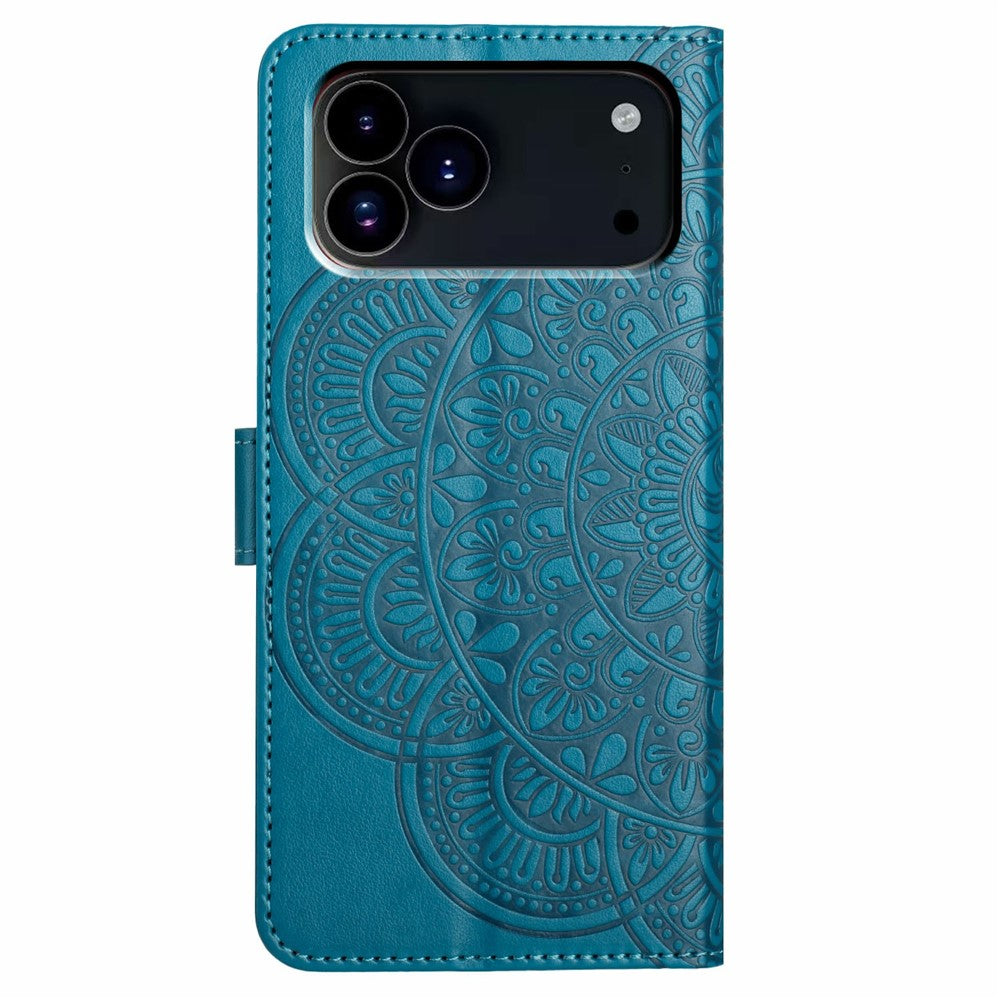 For iPhone 17 Pro Max Leather Case with Card Slots Mandala Pattern Phone Cover Stand - Blue