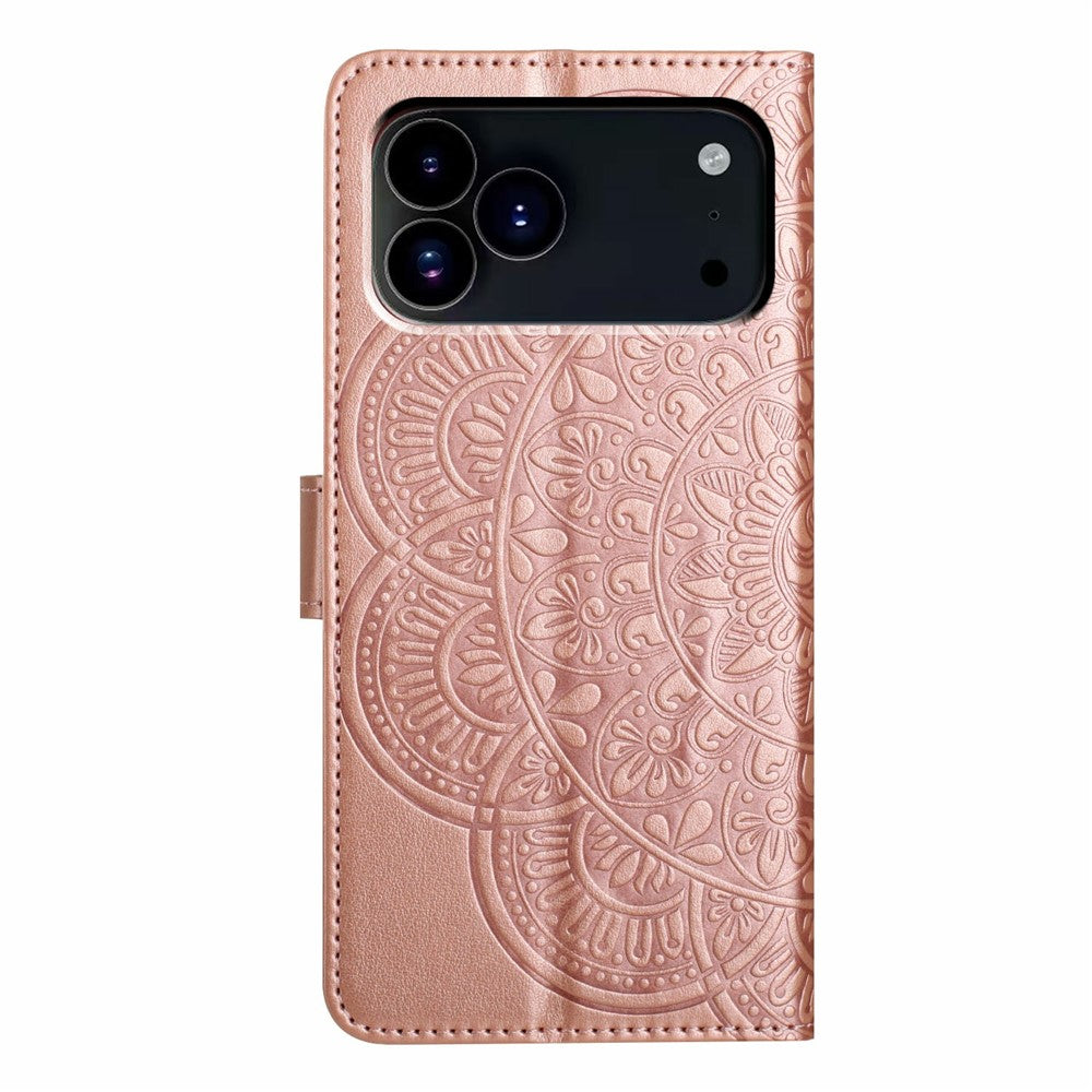 For iPhone 17 Pro Max Leather Case with Card Slots Mandala Pattern Phone Cover Stand - Rose Gold