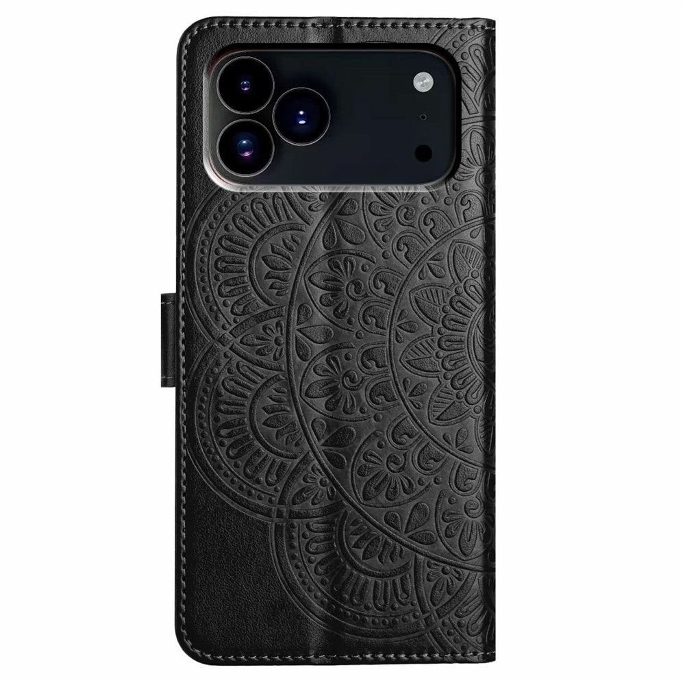 For iPhone 17 Pro Max Leather Case with Card Slots Mandala Pattern Phone Cover Stand - Black