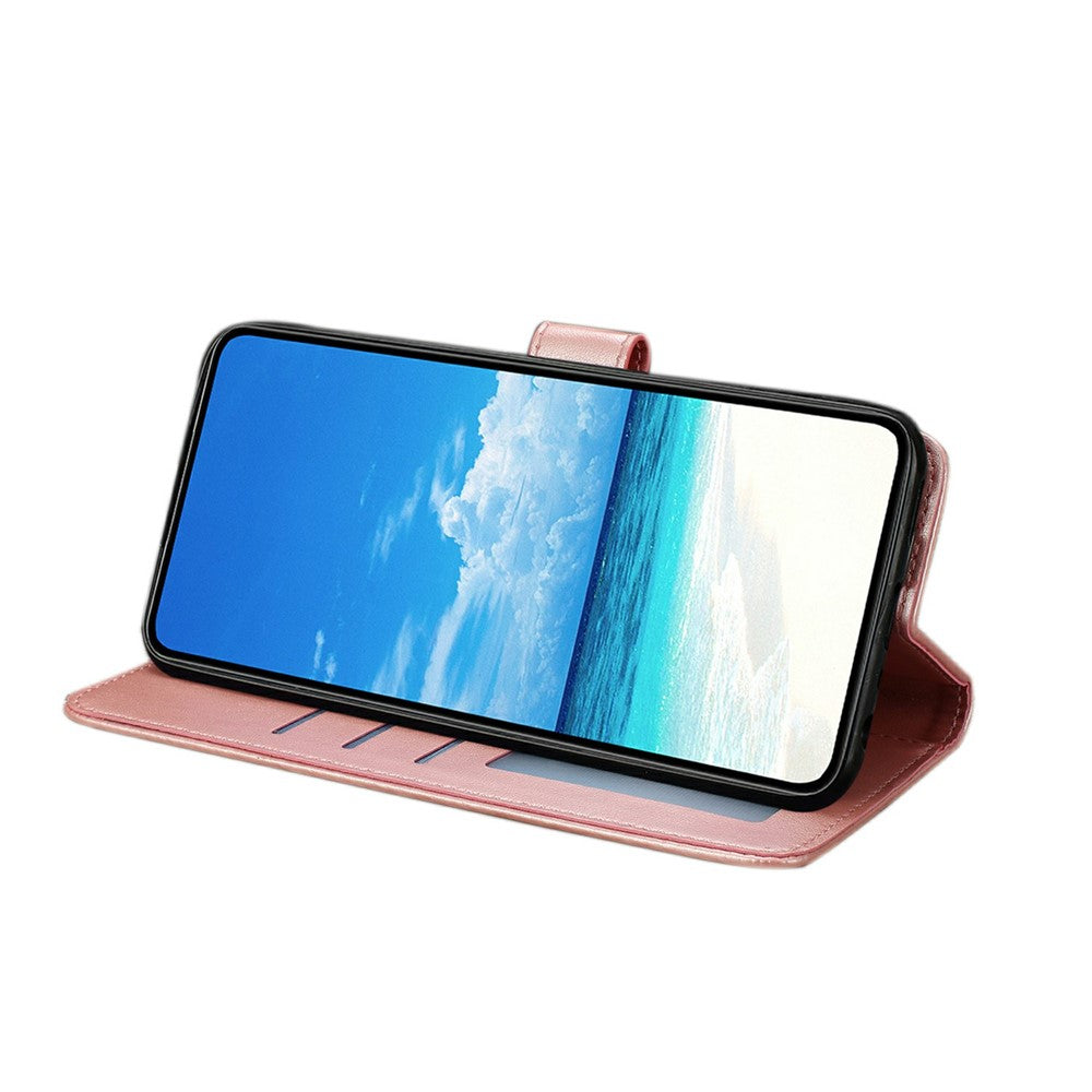 For Oppo Reno14 5G (Global) Case Butterfly Imprinted Wallet Stand PU Leather Flip Phone Cover with Strap - Rose Gold