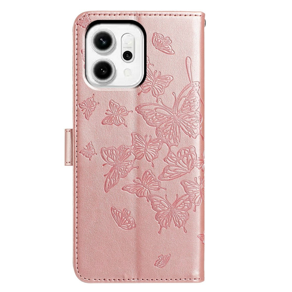 For Oppo Reno14 Pro 5G (Global) Case Butterfly Imprinted Wallet Stand PU Leather Flip Phone Cover with Strap - Rose Gold