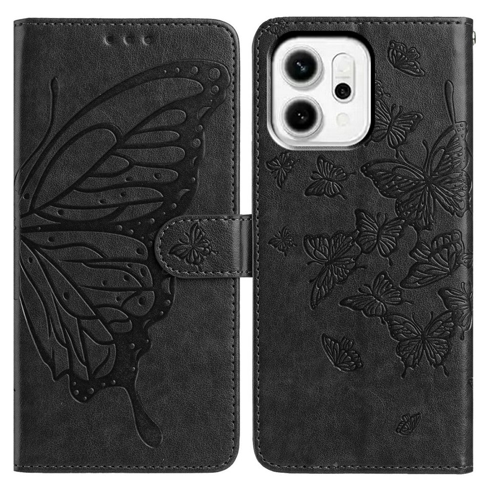 For Oppo Reno14 Pro 5G (Global) Case Butterfly Imprinted Wallet Stand PU Leather Flip Phone Cover with Strap - Black