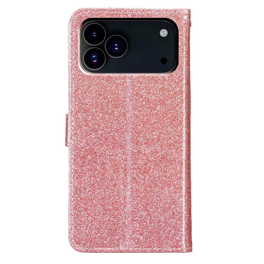 For iPhone 17 Pro Max Wallet Case Glitter Anti-Scratch Leather Stand Phone Cover with Strap - Rose Gold