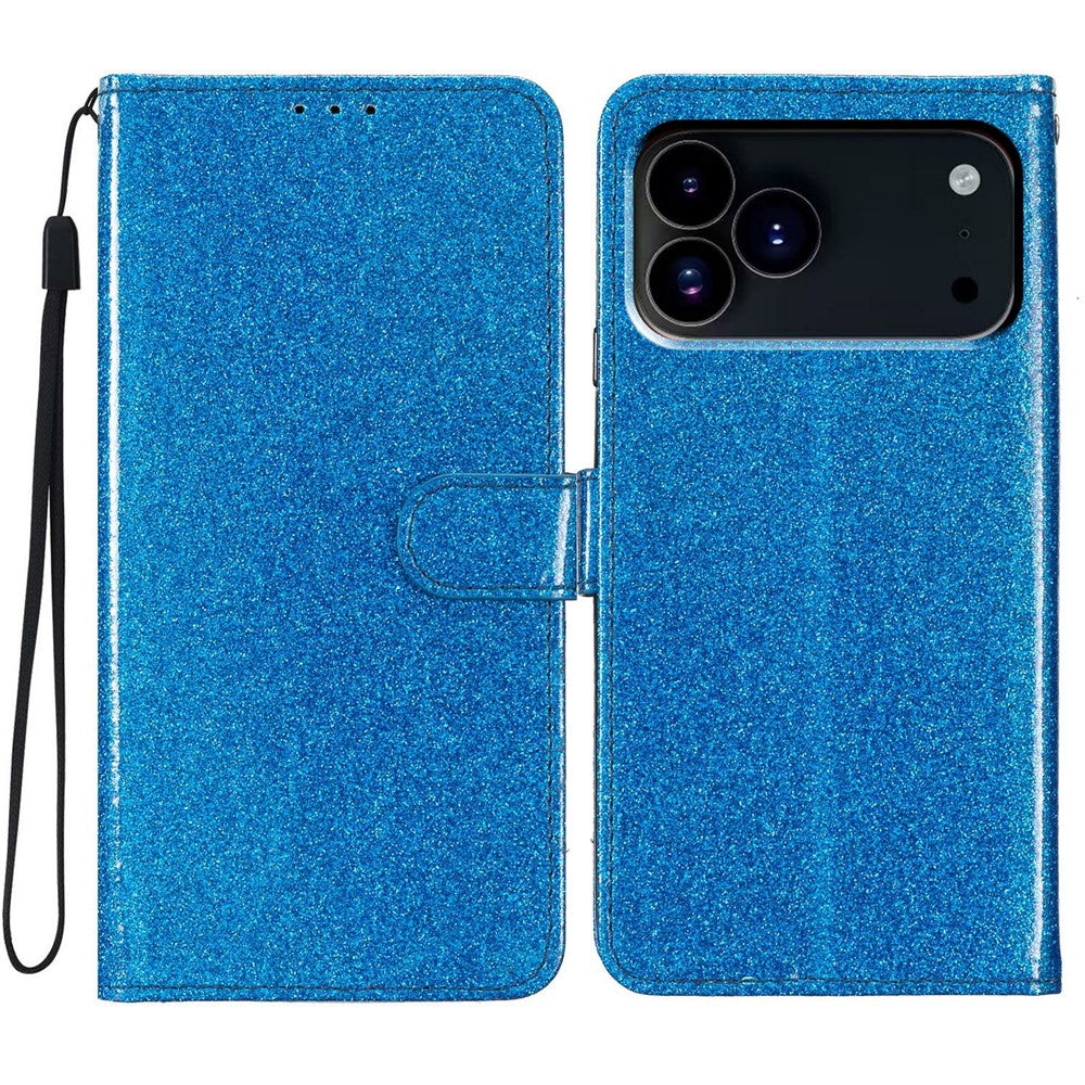 For iPhone 17 Pro Max Wallet Case Glitter Anti-Scratch Leather Stand Phone Cover with Strap - Blue
