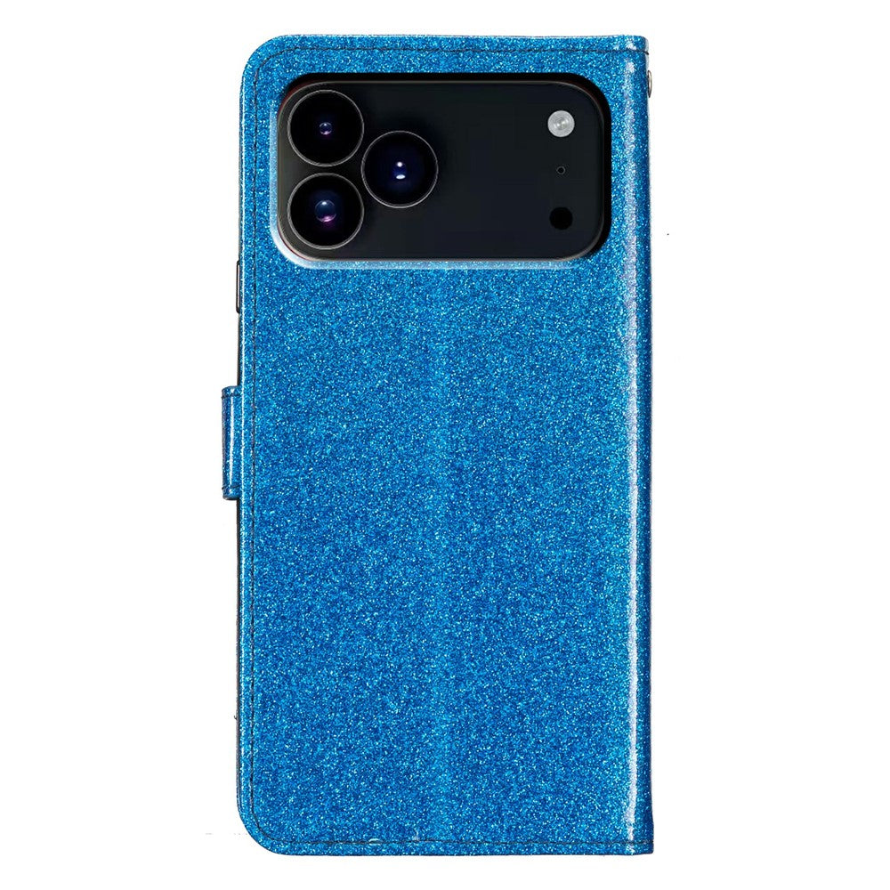 For iPhone 17 Pro Max Wallet Case Glitter Anti-Scratch Leather Stand Phone Cover with Strap - Blue