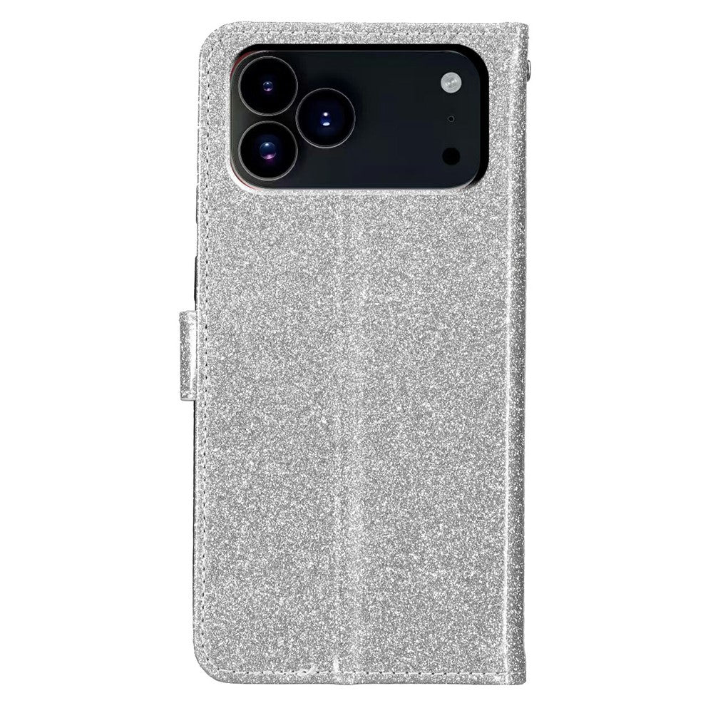 For iPhone 17 Pro Max Wallet Case Glitter Anti-Scratch Leather Stand Phone Cover with Strap - Silver