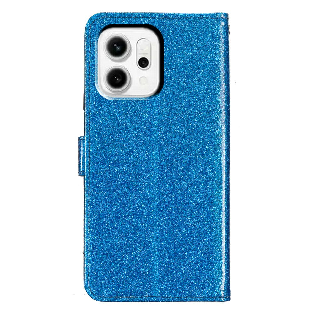 For Oppo Reno14 5G (Global) Wallet Case Glitter Anti-Scratch Leather Stand Phone Cover with Strap - Blue