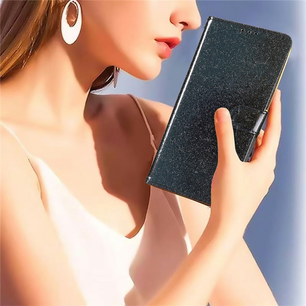 For Oppo Reno14 Pro 5G (Global) Wallet Case Glitter Anti-Scratch Leather Stand Phone Cover with Strap - Black