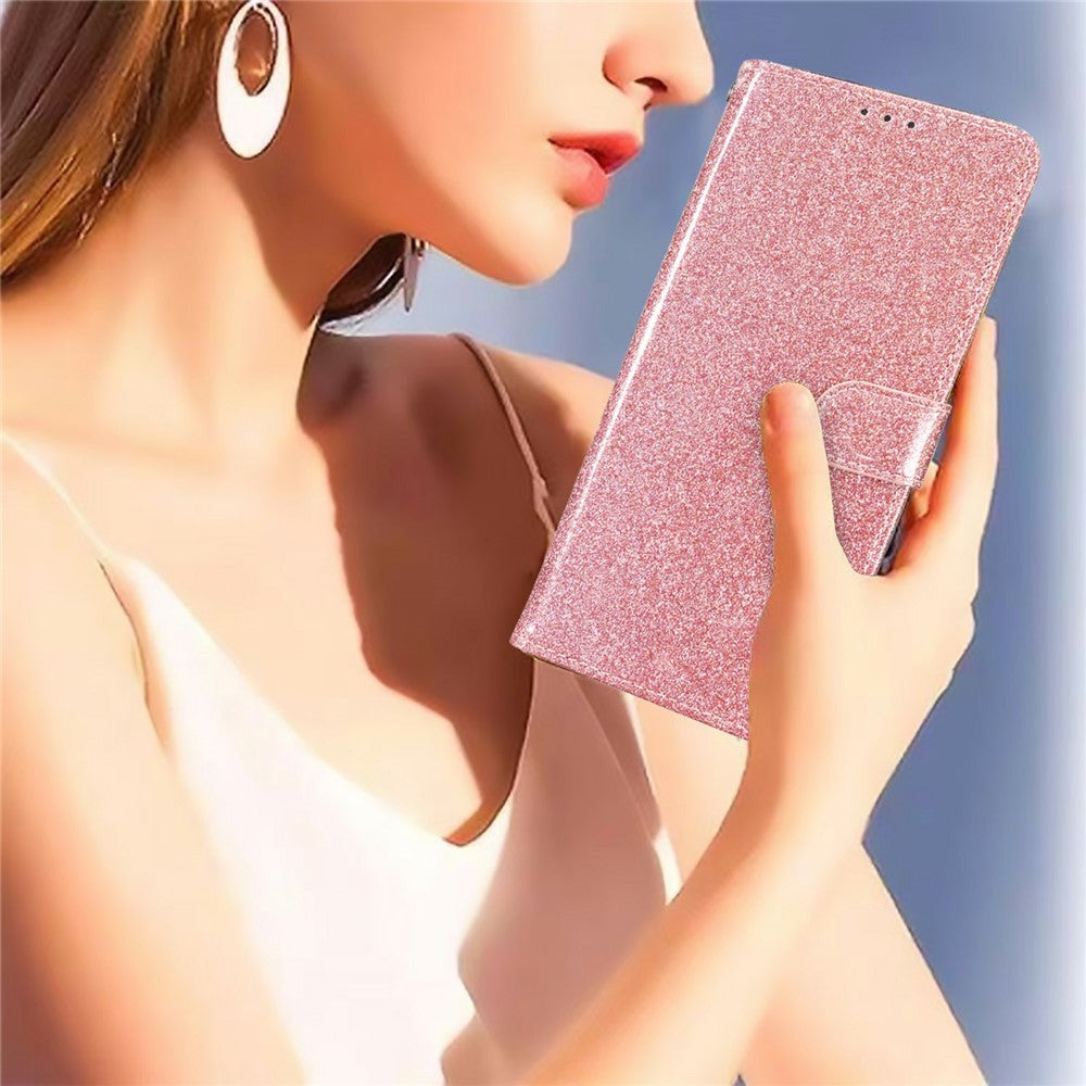 For Oppo Reno14 Pro 5G (Global) Wallet Case Glitter Anti-Scratch Leather Stand Phone Cover with Strap - Rose Gold