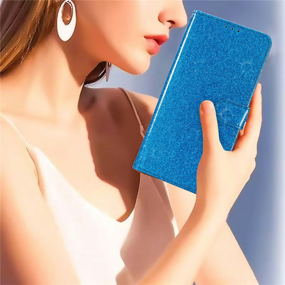 For Oppo Reno14 Pro 5G (Global) Wallet Case Glitter Anti-Scratch Leather Stand Phone Cover with Strap - Blue