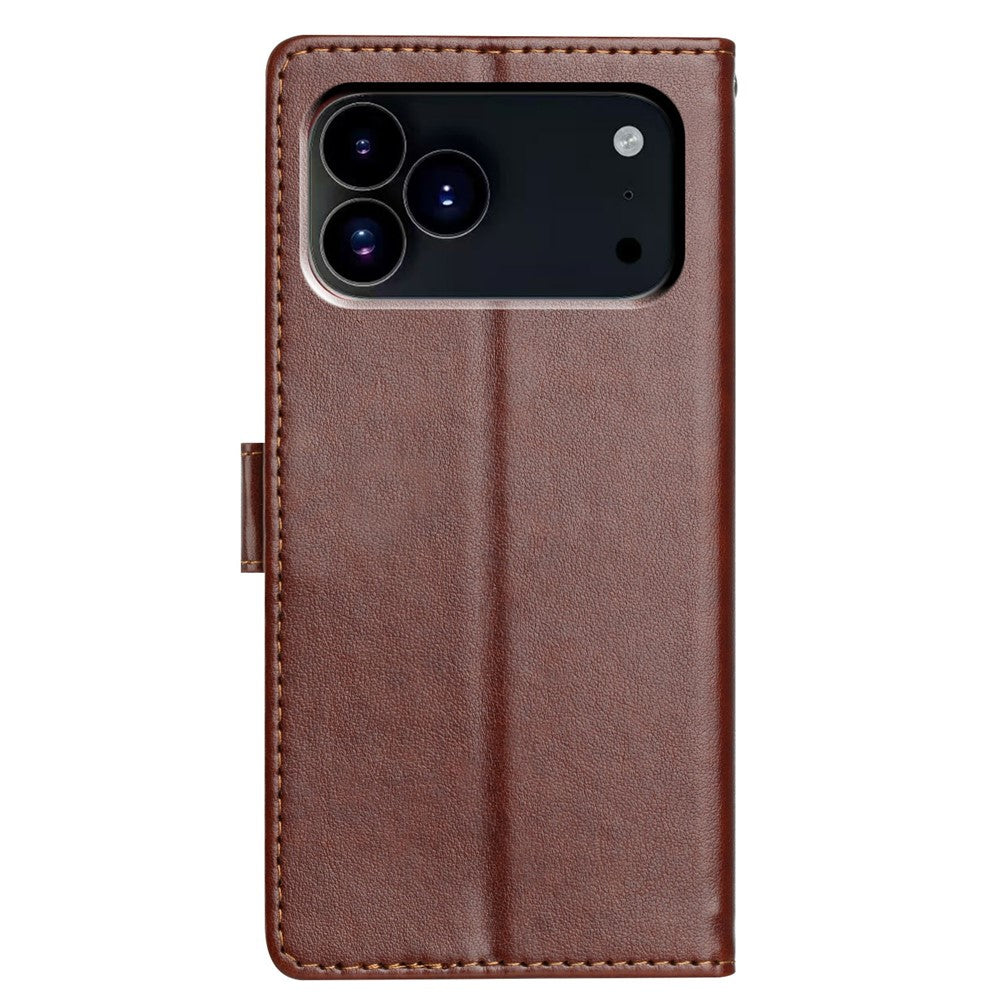For iPhone 17 Pro Max Leather Case Wallet Stand Phone Cover with Handy Strap - Brown