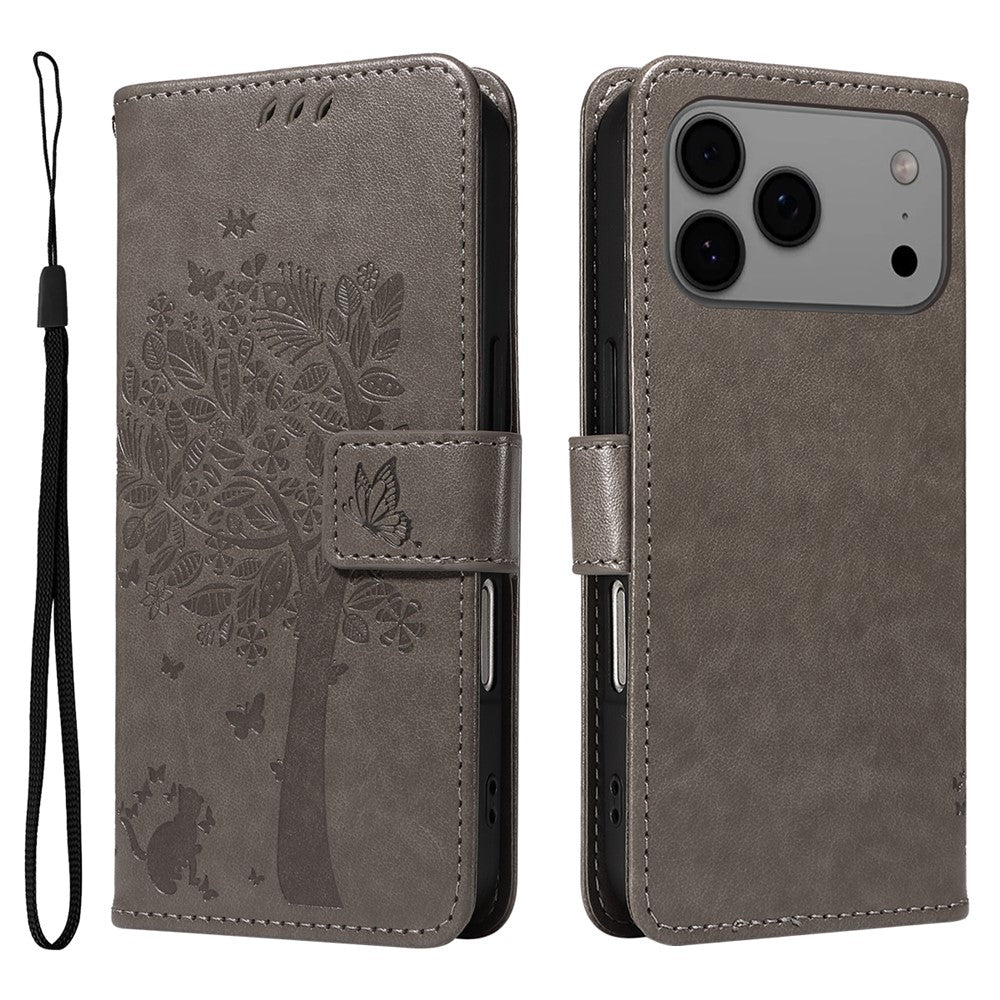 For iPhone 17 Pro Max Phone Case with Stand Cat Tree Pattern Leather Wallet Mobile Cover - Grey