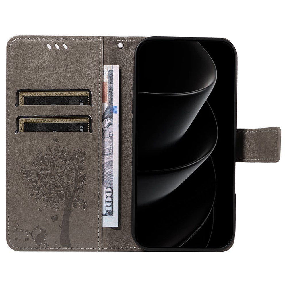 For iPhone 17 Pro Max Phone Case with Stand Cat Tree Pattern Leather Wallet Mobile Cover - Grey