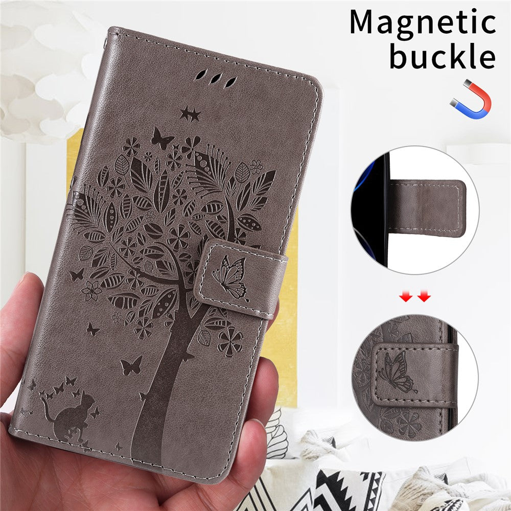 For iPhone 17 Pro Max Phone Case with Stand Cat Tree Pattern Leather Wallet Mobile Cover - Grey