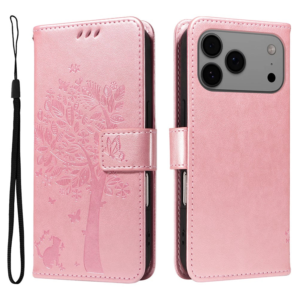 For iPhone 17 Pro Max Phone Case with Stand Cat Tree Pattern Leather Wallet Mobile Cover - Rose Gold