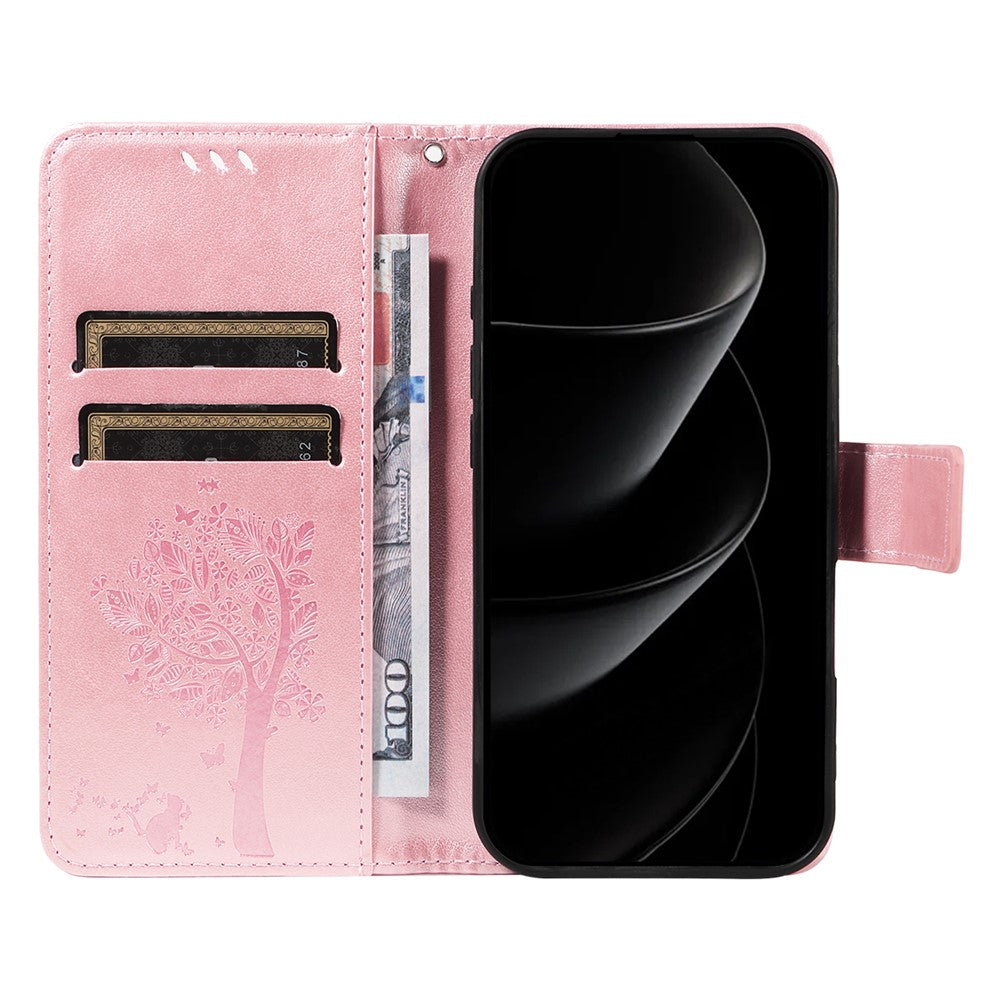 For iPhone 17 Pro Max Phone Case with Stand Cat Tree Pattern Leather Wallet Mobile Cover - Rose Gold