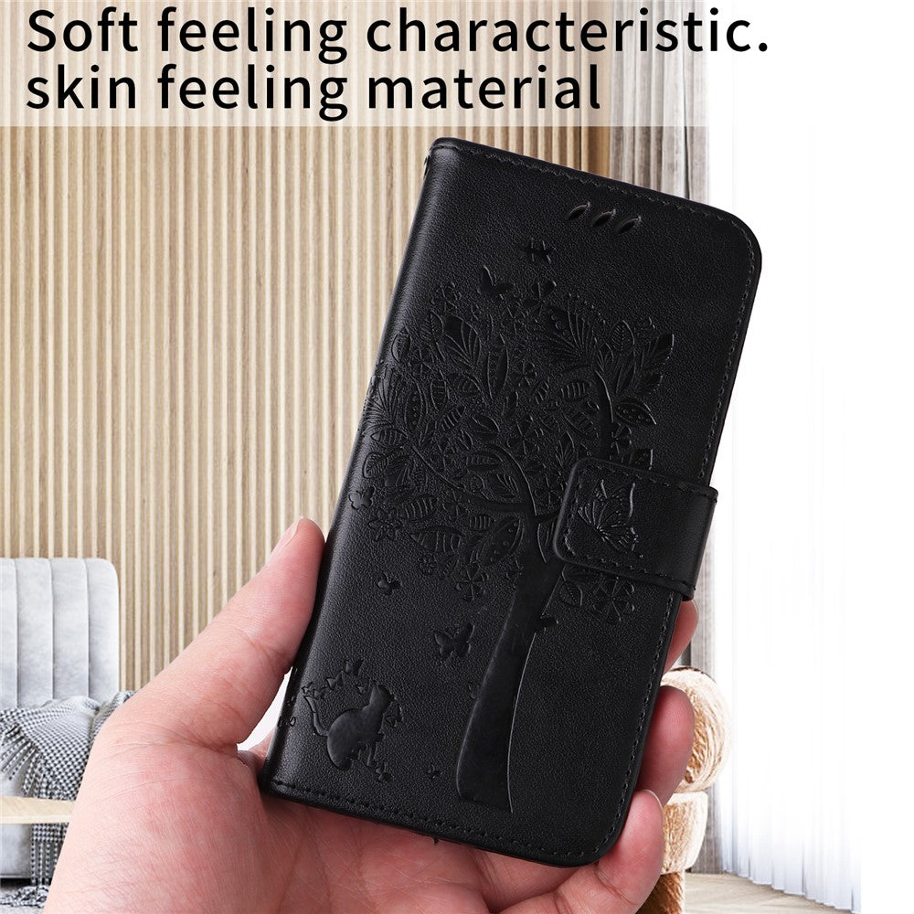 For iPhone 17 Pro Max Phone Case with Stand Cat Tree Pattern Leather Wallet Mobile Cover - Black