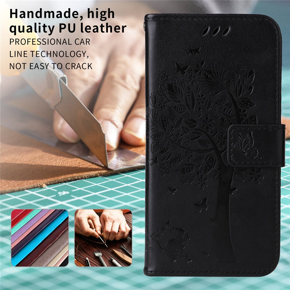 For iPhone 17 Pro Max Phone Case with Stand Cat Tree Pattern Leather Wallet Mobile Cover - Black