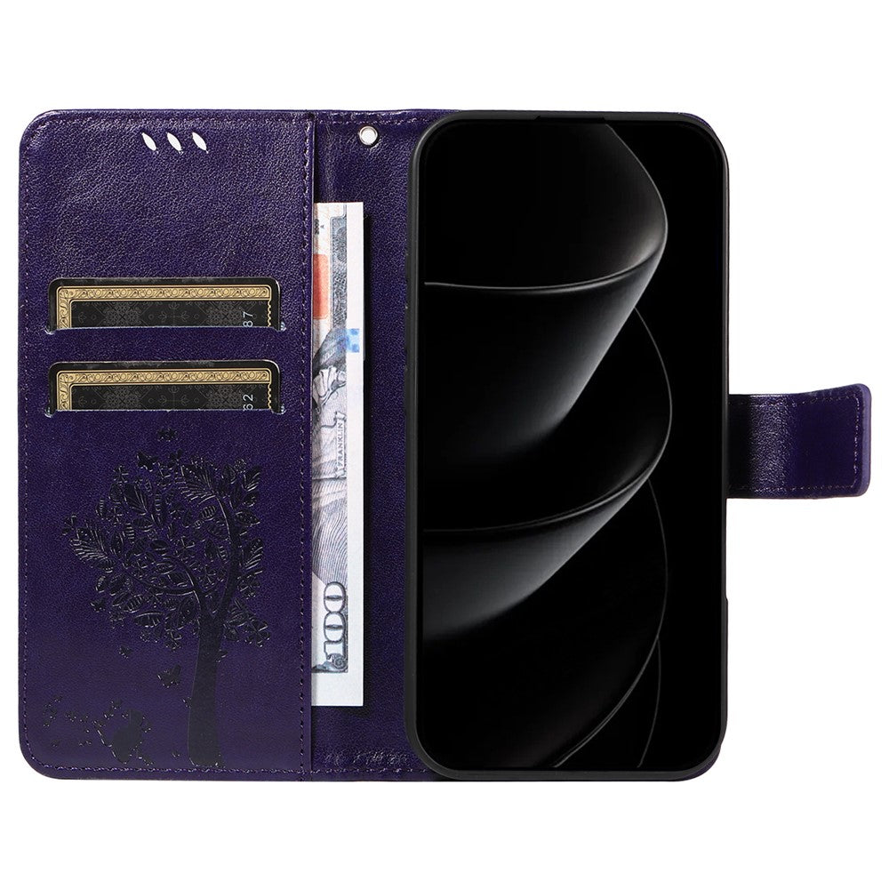 For iPhone 17 Pro Max Phone Case with Stand Cat Tree Pattern Leather Wallet Mobile Cover - Purple