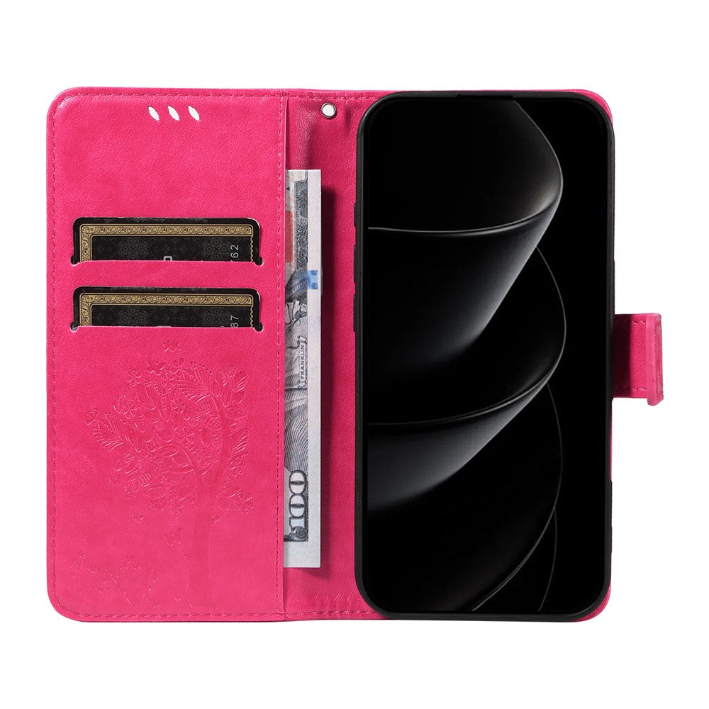 For iPhone 17 Pro Max Phone Case with Stand Cat Tree Pattern Leather Wallet Mobile Cover - Rose