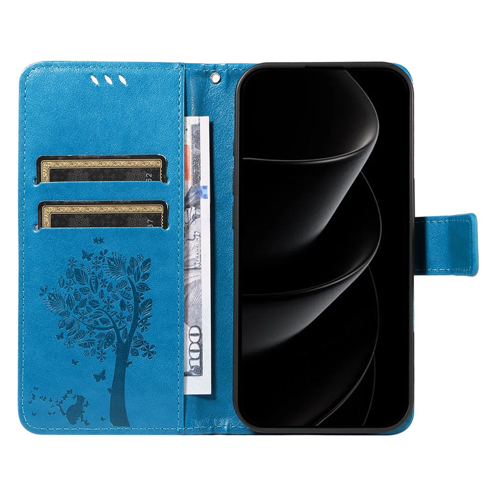 For iPhone 17 Pro Max Phone Case with Stand Cat Tree Pattern Leather Wallet Mobile Cover - Blue