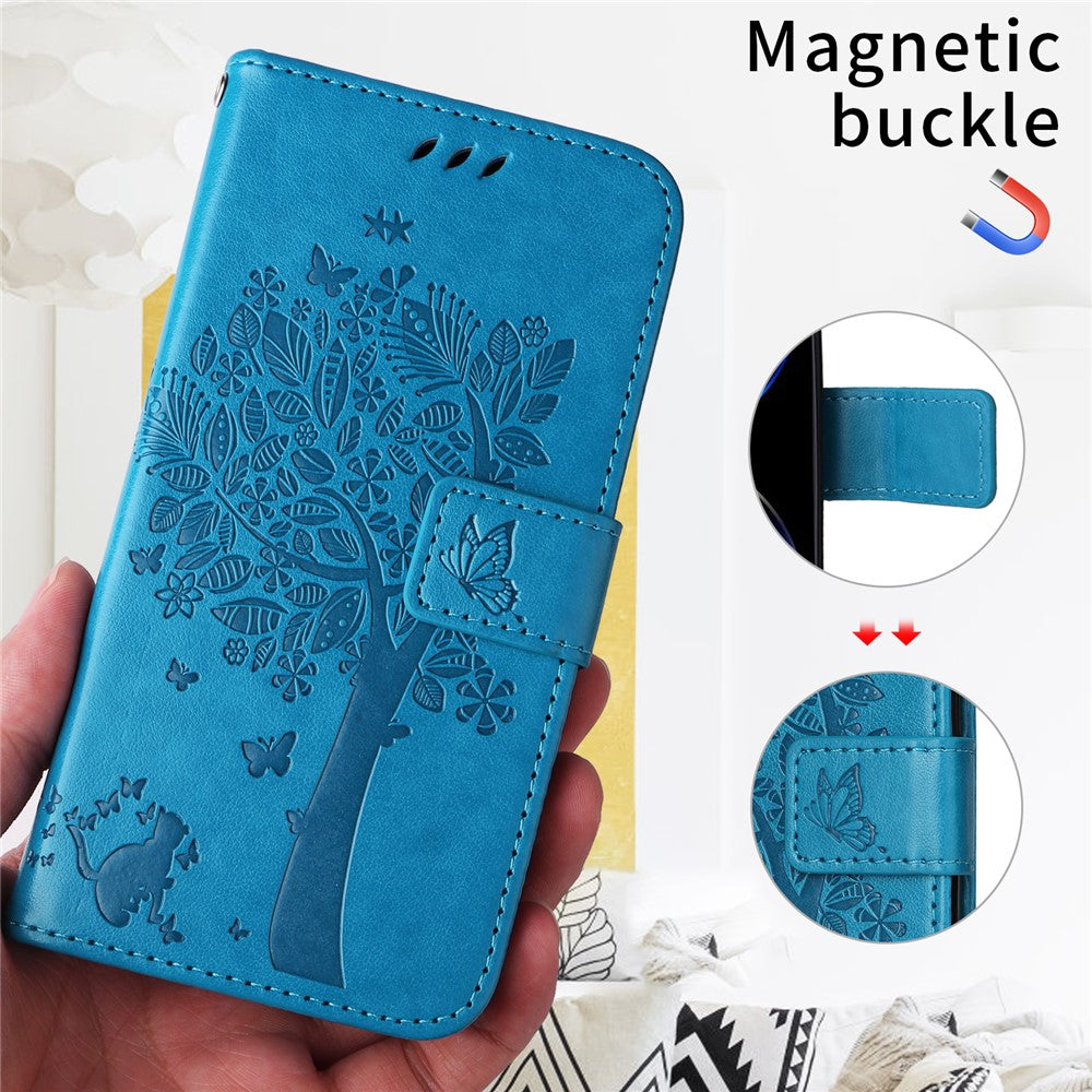 For iPhone 17 Pro Max Phone Case with Stand Cat Tree Pattern Leather Wallet Mobile Cover - Blue
