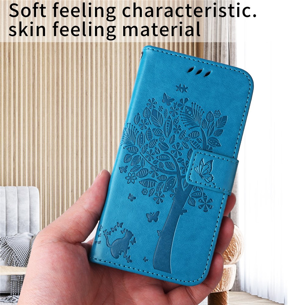 For iPhone 17 Pro Max Phone Case with Stand Cat Tree Pattern Leather Wallet Mobile Cover - Blue