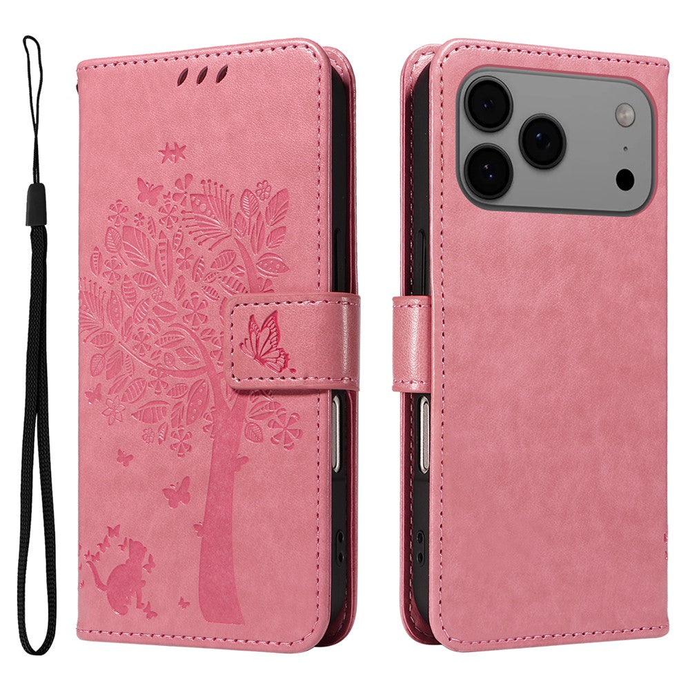 For iPhone 17 Pro Max Phone Case with Stand Cat Tree Pattern Leather Wallet Mobile Cover - Pink