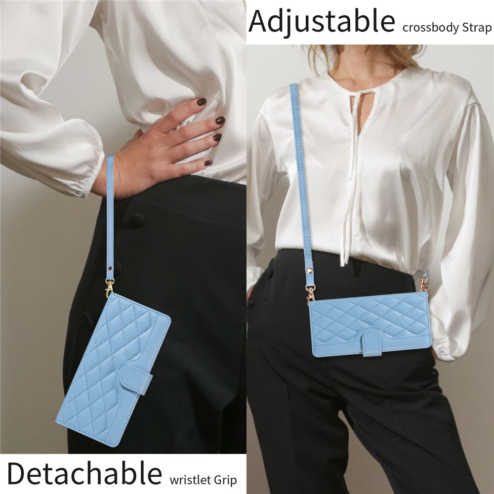 For iPhone 17 Pro Max Wallet Case Rhombus Leather Phone Cover with Strap - Blue