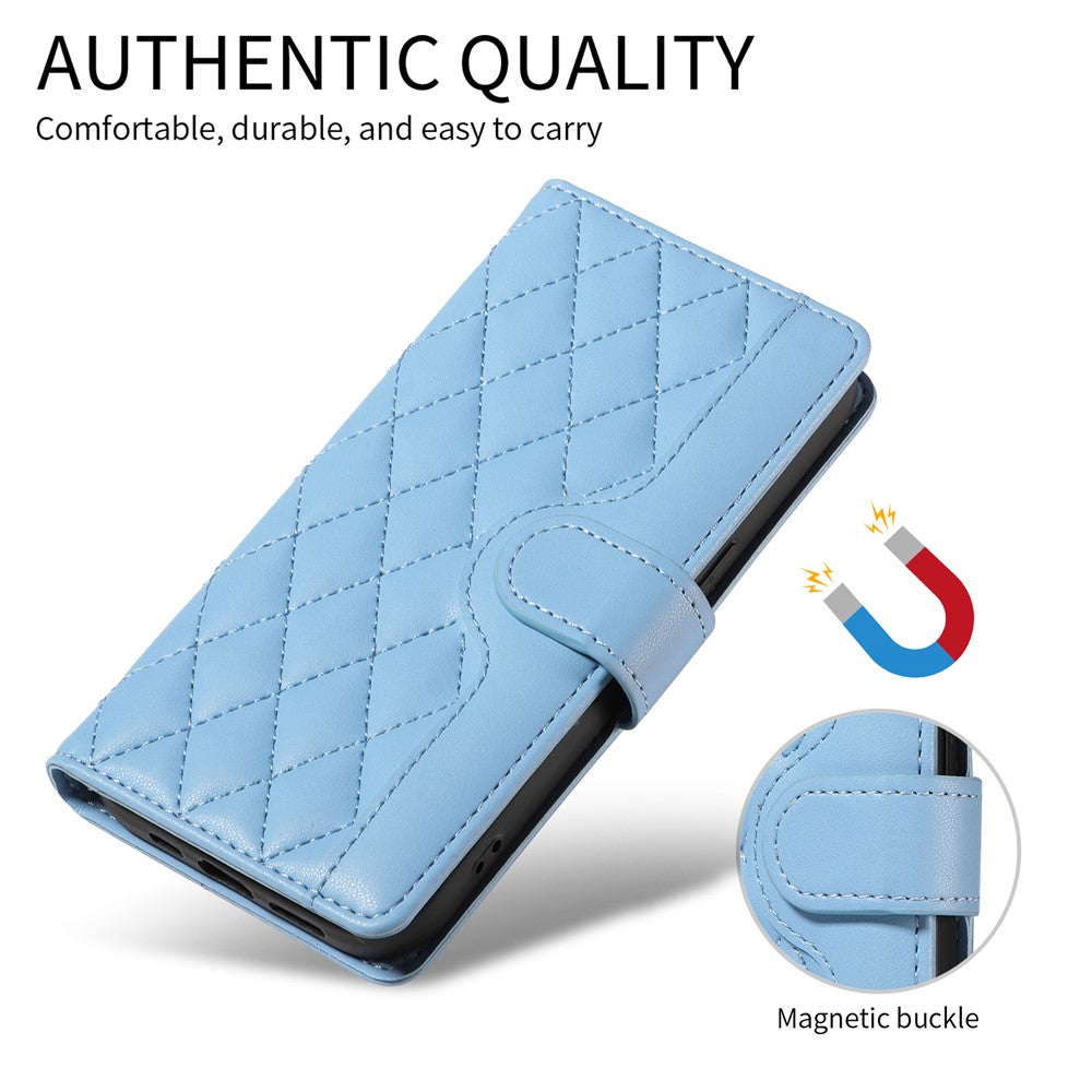 For iPhone 17 Pro Max Wallet Case Rhombus Leather Phone Cover with Strap - Blue