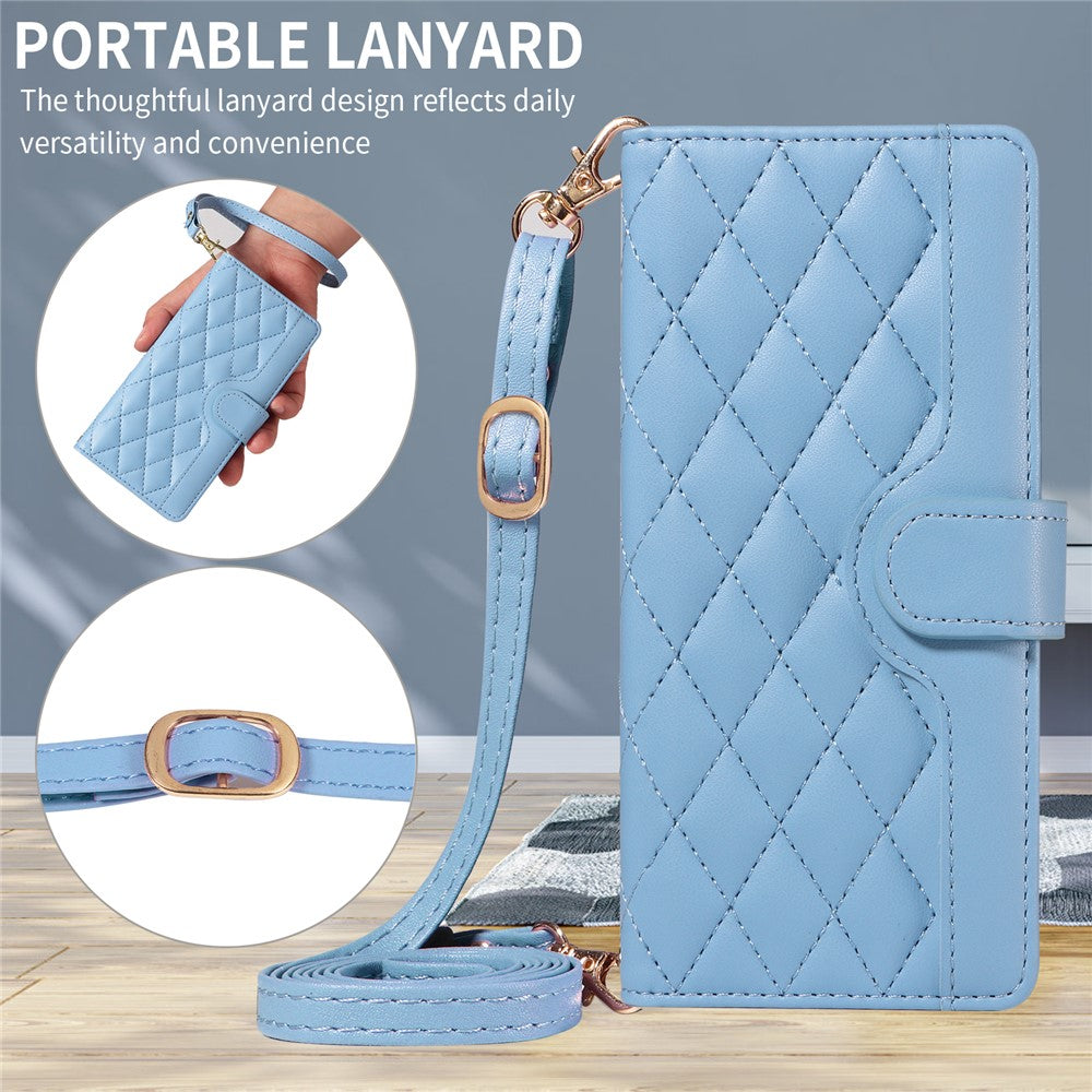 For iPhone 17 Pro Max Wallet Case Rhombus Leather Phone Cover with Strap - Blue