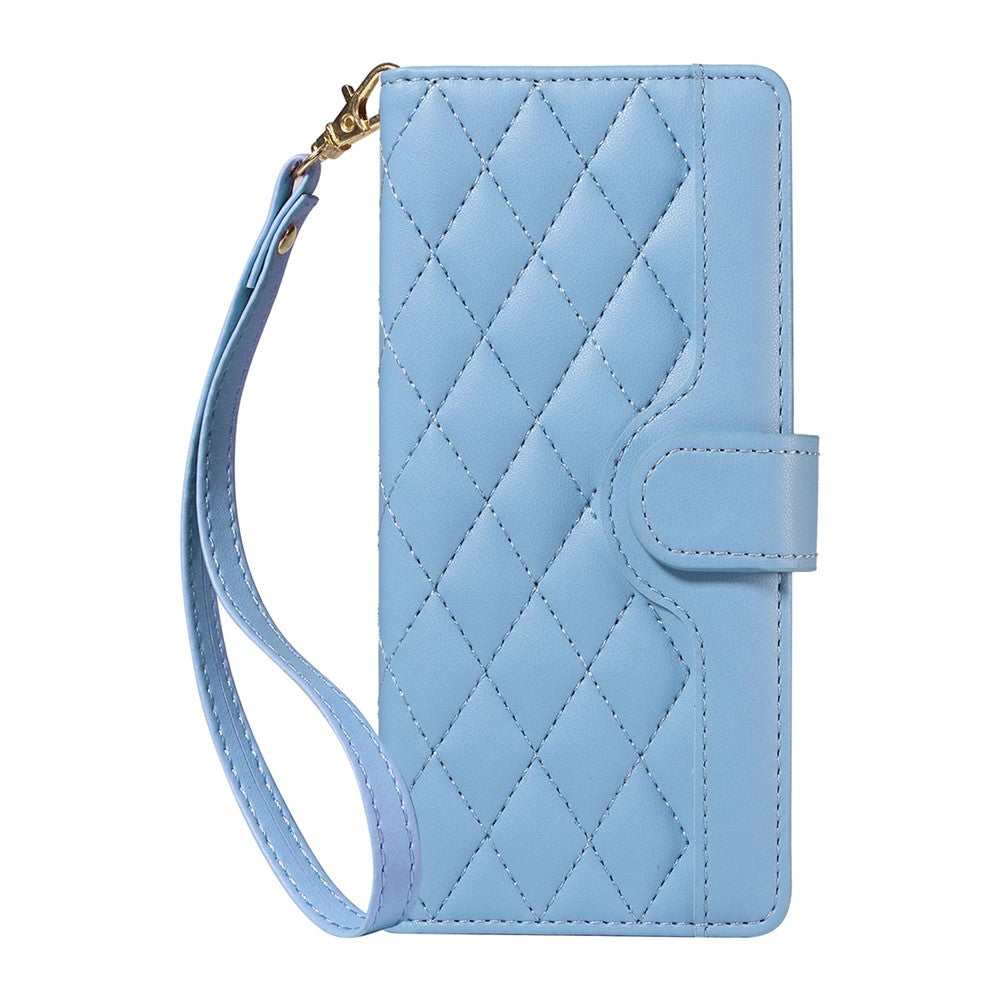 For iPhone 17 Pro Max Wallet Case Rhombus Leather Phone Cover with Strap - Blue