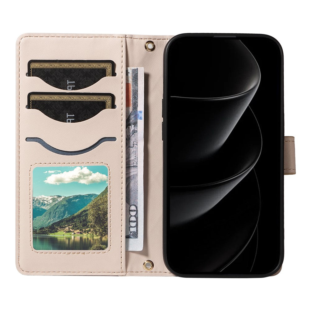 For iPhone 17 Pro Max Wallet Case Rhombus Leather Phone Cover with Strap - Apricot