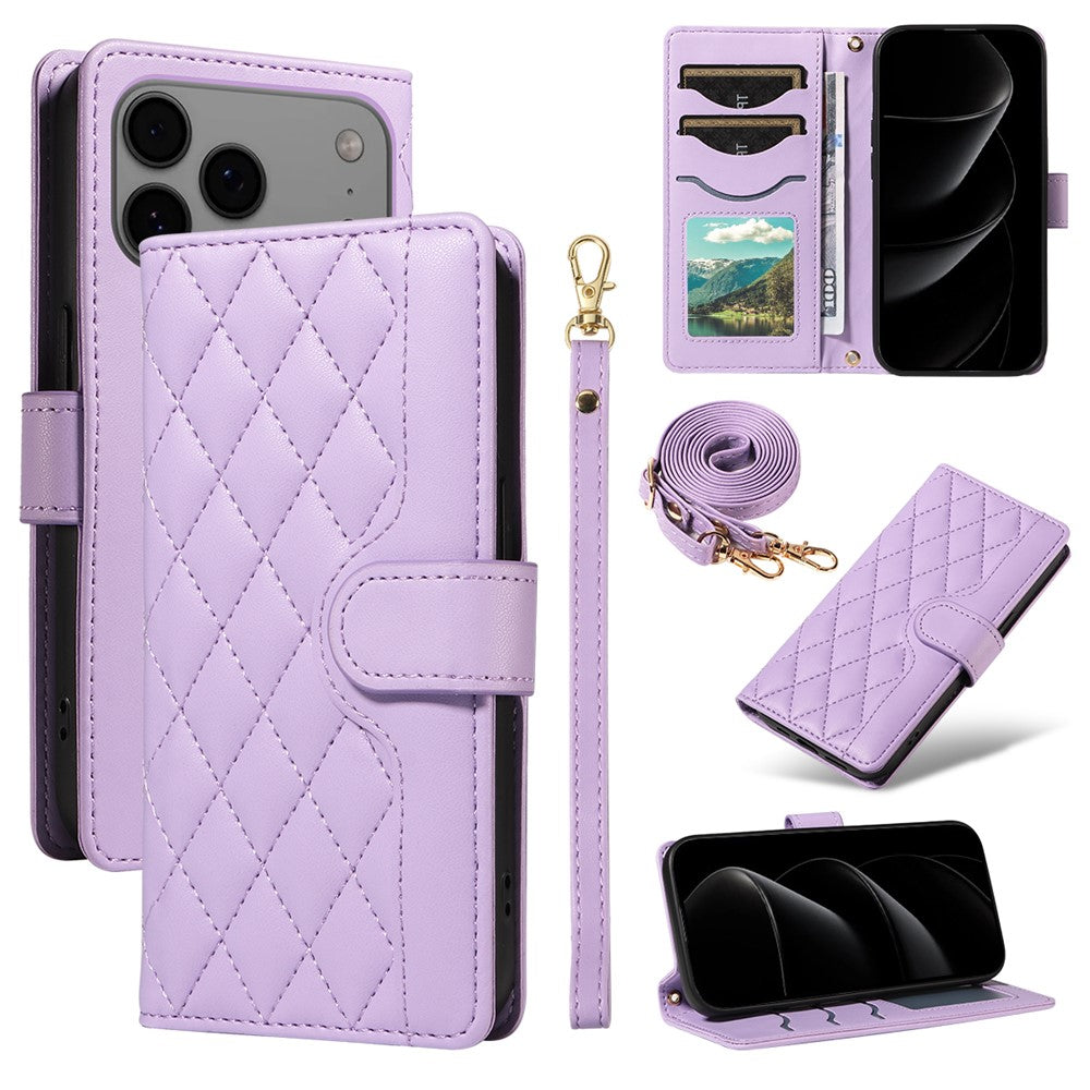 For iPhone 17 Pro Max Wallet Case Rhombus Leather Phone Cover with Strap - Light Purple