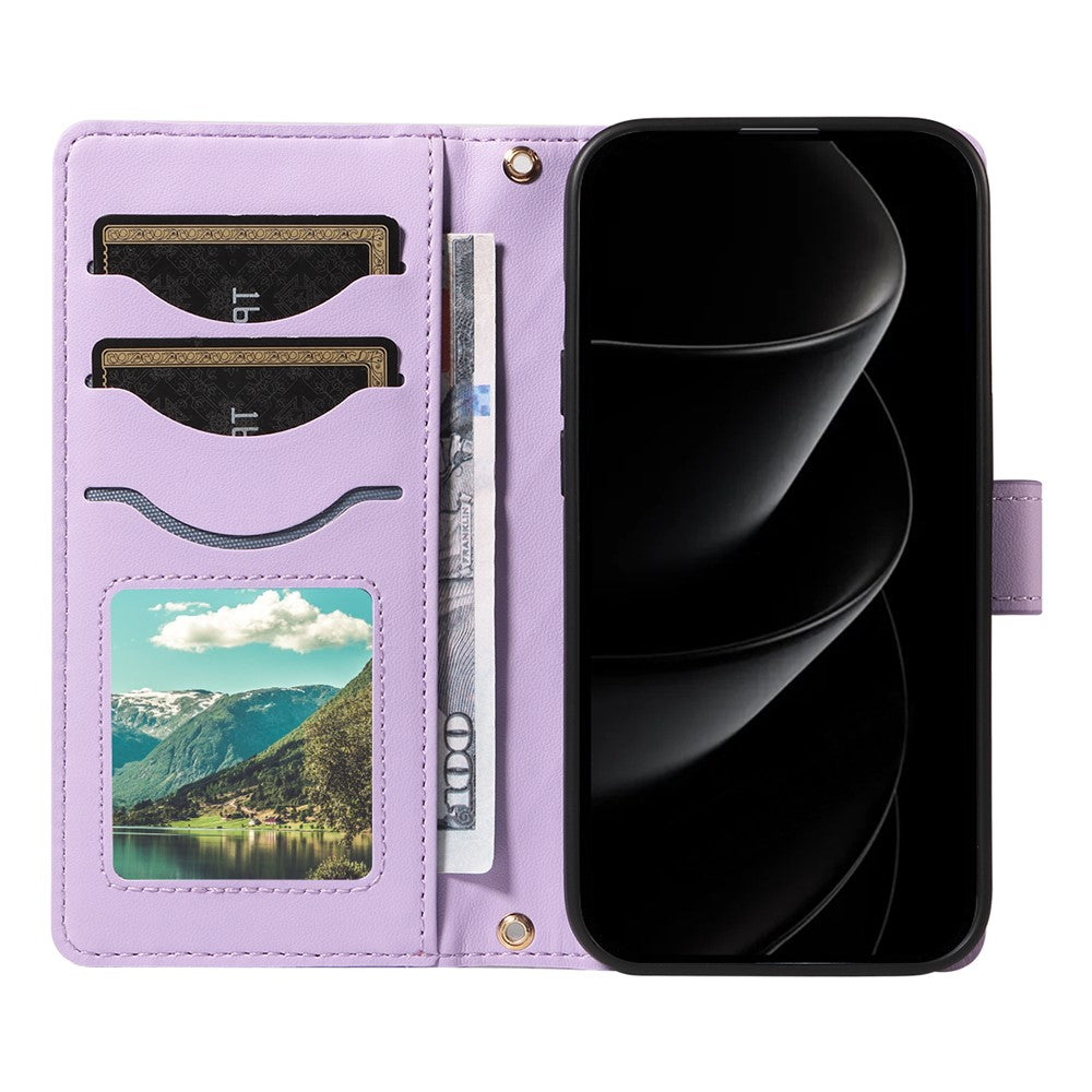For iPhone 17 Pro Max Wallet Case Rhombus Leather Phone Cover with Strap - Light Purple