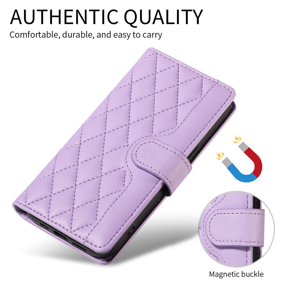 For iPhone 17 Pro Max Wallet Case Rhombus Leather Phone Cover with Strap - Light Purple